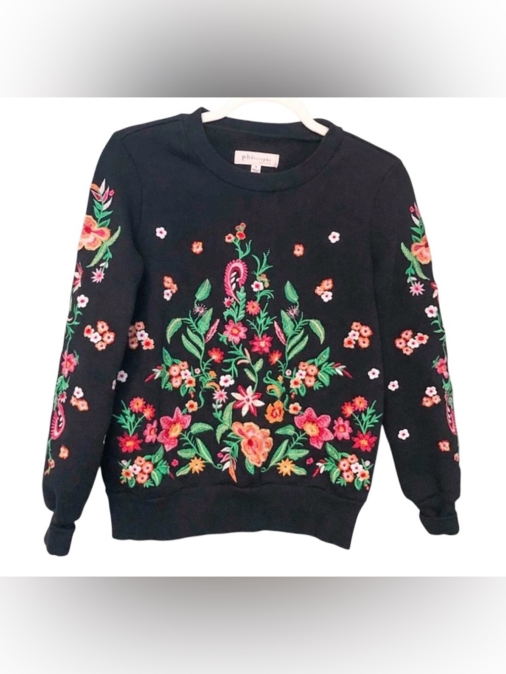 Philosophy Black Floral Embroidered Sweatshirt Women’s Size 2